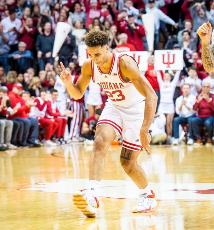 Indiana's Trayce Jackson-Davis (23) dances as he celebrates after a Race Thompson (25) basket while being fouled during the second half.